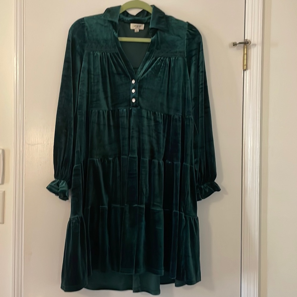 Pink Blush Tiered Emerald Green Velvet Maternity Dress